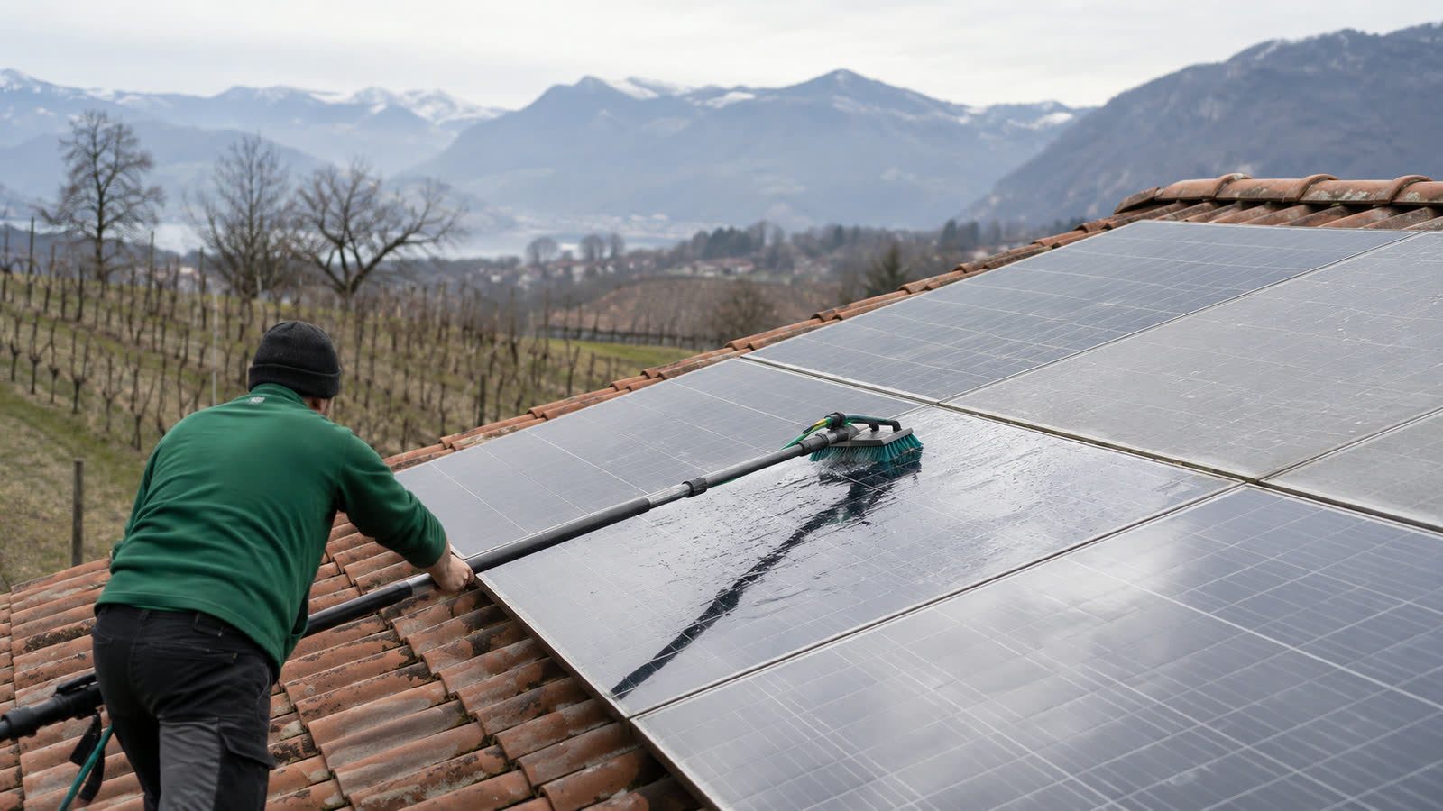 Pulizia dei pannelli fotovoltaici su un tetto in coppi